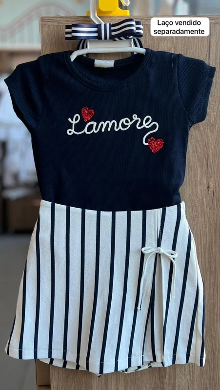 CONJUNTO BLUSA MANGA CURTA CANELADO LAMORE CORAÇÕES PAETES E SHORT SAIA LISTRADO MENINA PULLA BULLA MARINHO/OFF / 8