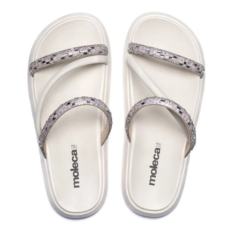 Chinelo Feminino Moleca Flatform com Tira de Strass Creme - 34