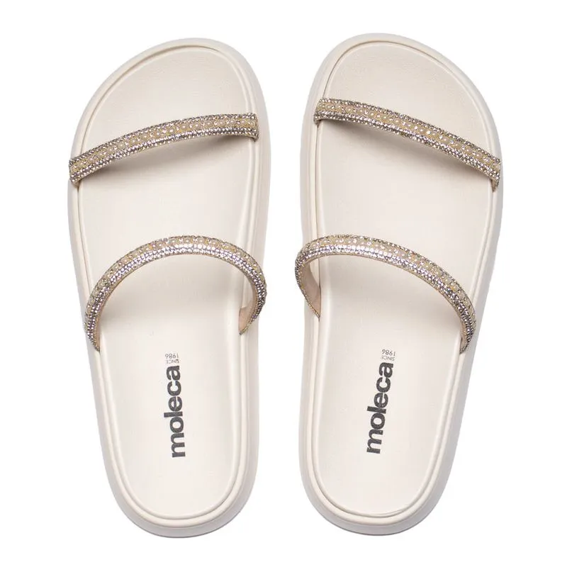 Chinelo Slide Feminino Moleca Flatform Strass Off White - 39