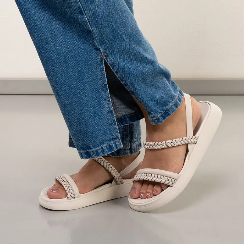 Sandália Feminina Tiras Trançada Brilho Moleca Branco Off Branco Off - 34