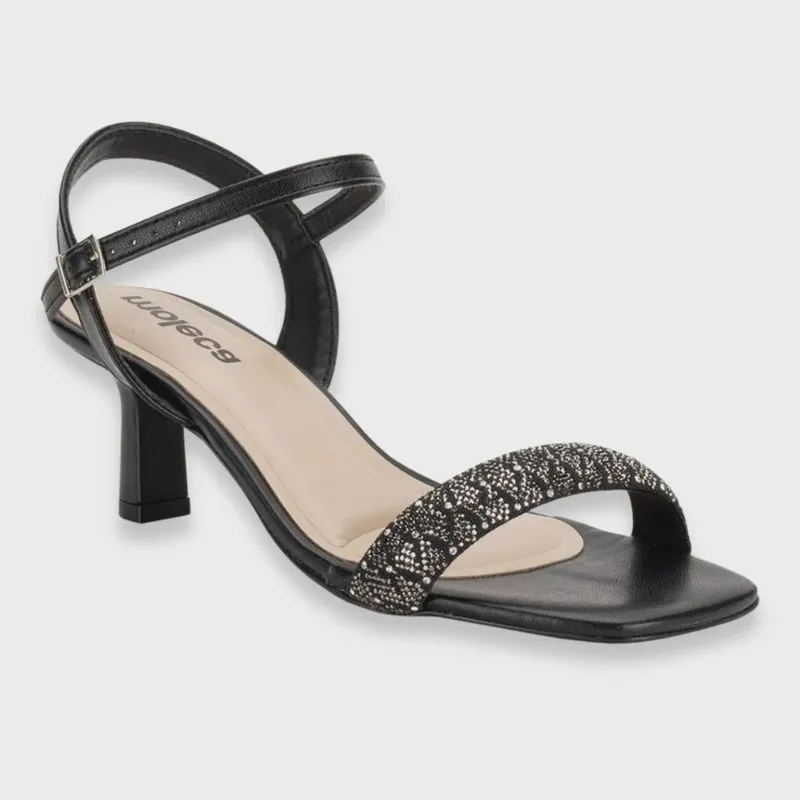 Sandália Moleca Casual Salto Baixo Strass Feminina Preta