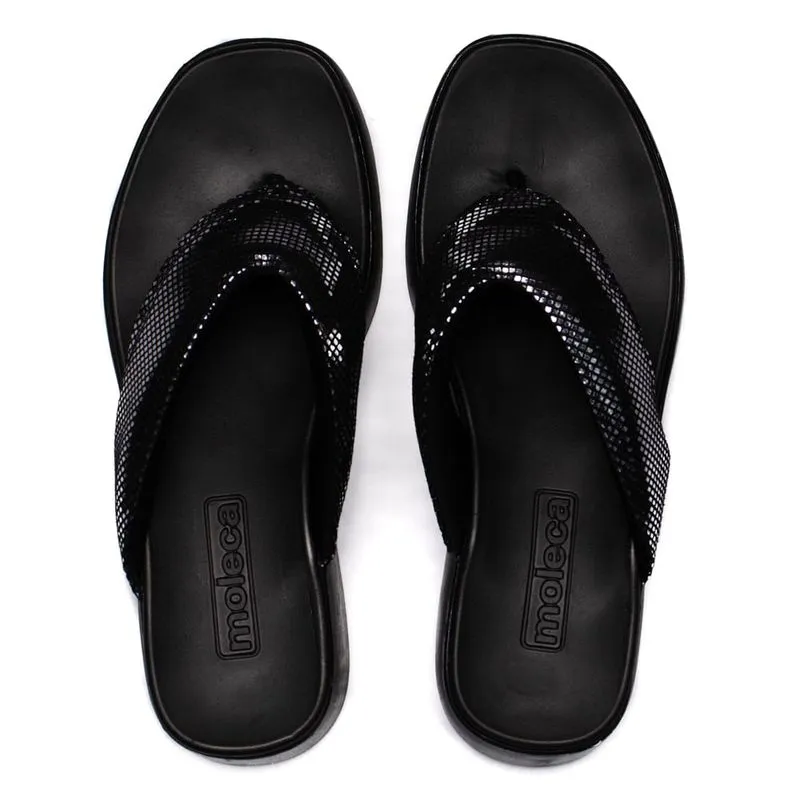 Chinelo Feminino Moleca Flatform de Dedo de Camurça Metalizado Preto - 37