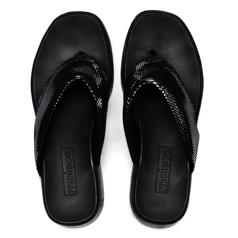 Chinelo Feminino Moleca Flatform de Dedo de Camurça Metalizado Preto - 39