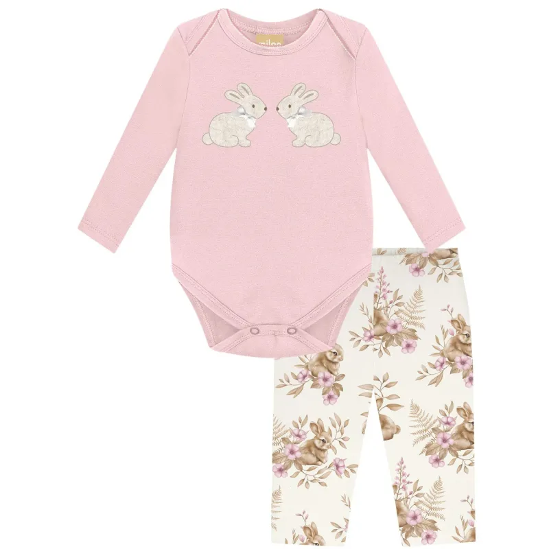 Conjunto Bebês Cotton Body Rosa Coelhinhos Bordados e Legging Flores Milon