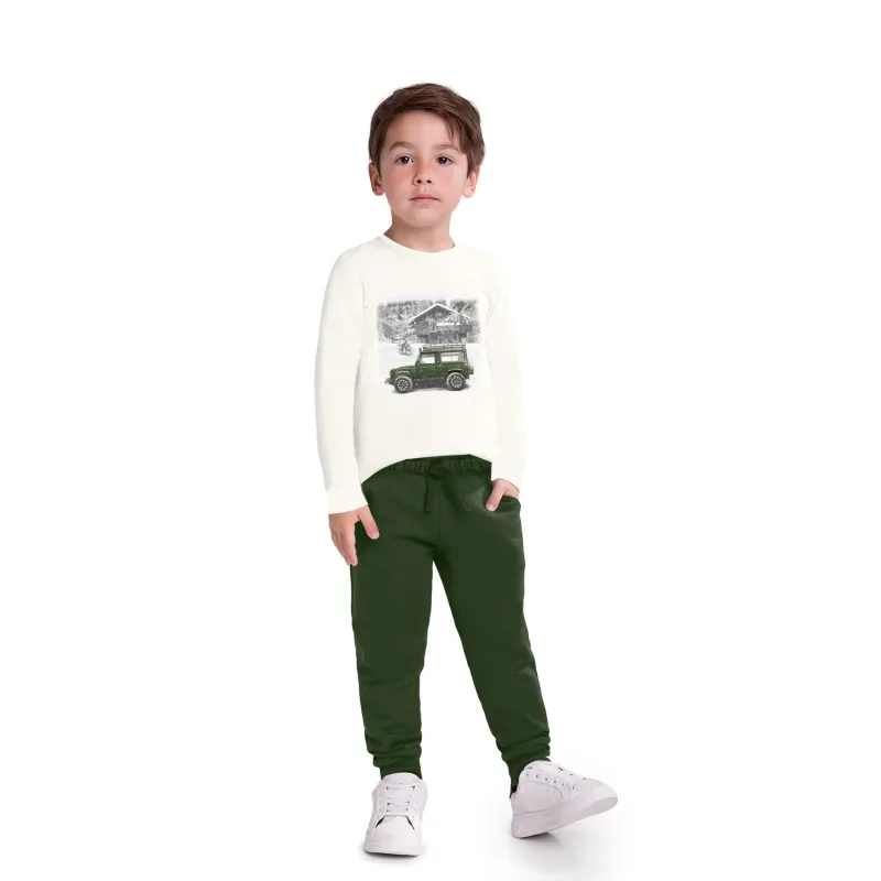 Conjunto Meninos Camiseta Longa Off-White Jipe e Calça Moletom Verde Milon