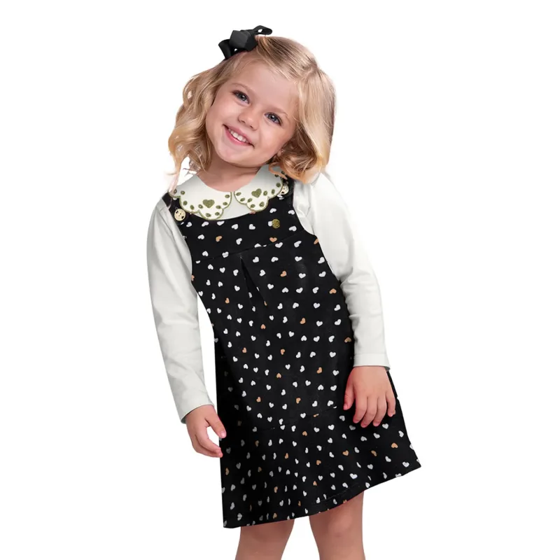 Conjunto Meninas Vestido Salopete Moletom Preto e Blusa Off White Milon