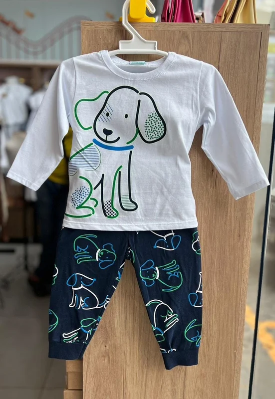 CONJUNTO PIJAMA MANGA LONGA CACHORRO E CALÇA MENINO KYLY BRANCO/MARINHO / 6