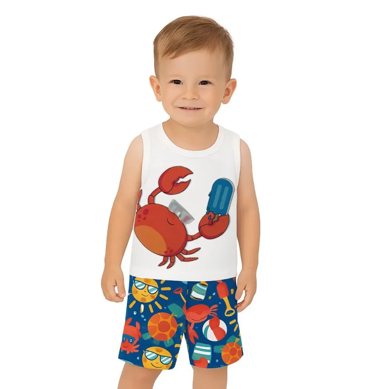 Conjunto Meninos Regata Branca Caranguejo e Bermuda Azul Estampada Kyly