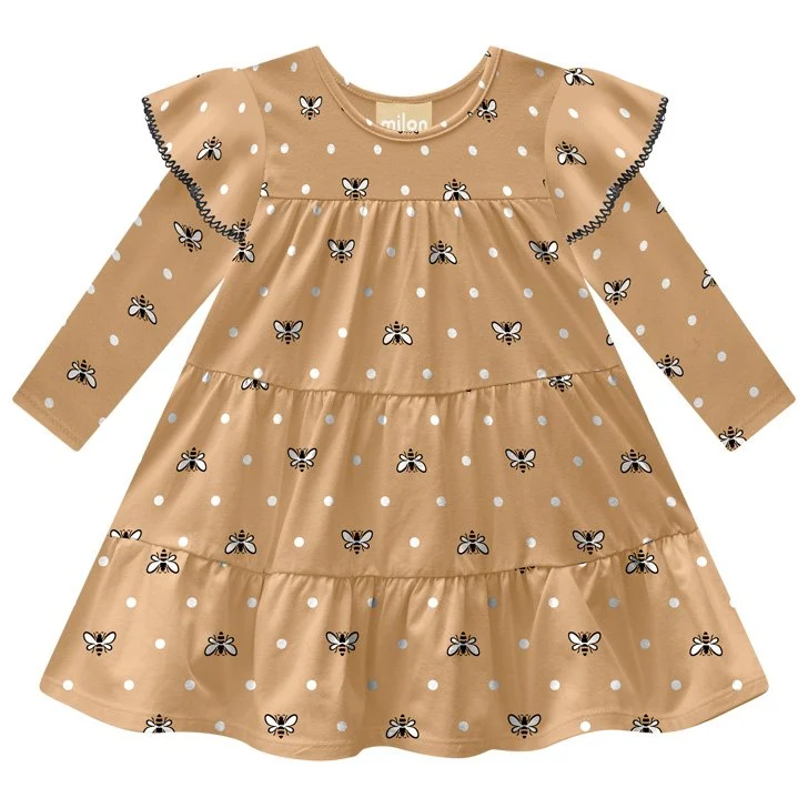 VESTIDO MANGA LONGA POA ABELHAS BABADO MENINA MILON BEGE ESCURO / 6