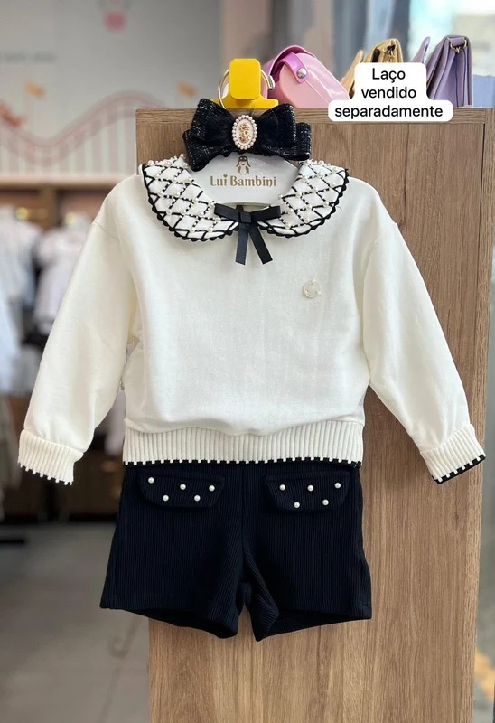 CONJUNTO BLUSA MANGA LONGA MOLETOM LAÇO PÉROLAS E SHORT MENINA MILON OFF/PRETO / 8