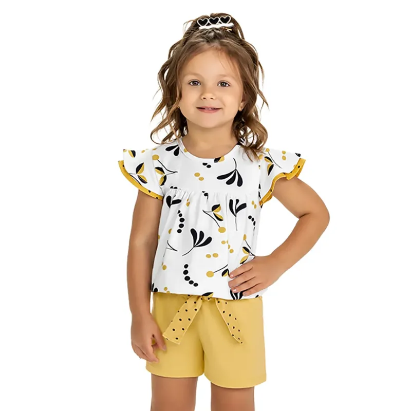 Conjunto Meninas Bata Branca Mangas Babados e Short Amarelo Kyly