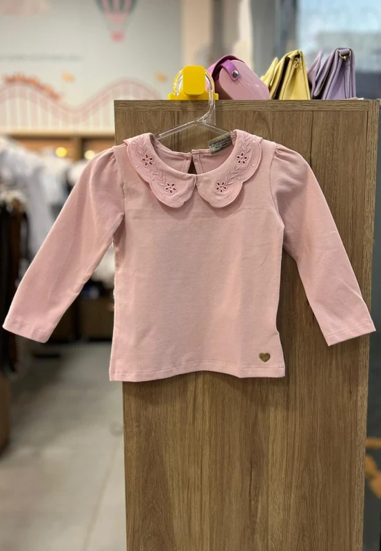 BLUSA MANGA LONGA GOLA FUROS FLORES MENINA MILON ROSA / 10