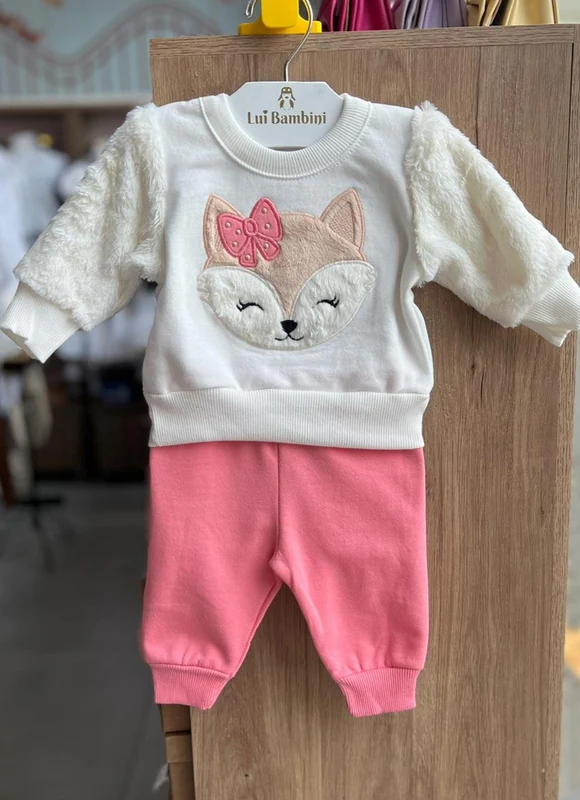 CONJUNTO BLUSÃO MANGA LONGA RAPOSA MOLETOM PELUCIADO E CALÇA MENINA KYLY OFF/ROSA / 4