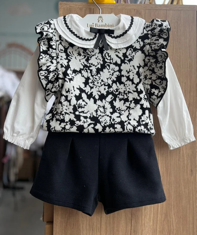 CONJUNTO CAMISA MANGA LONGA BOTÕES LAÇO COLETE E SHORT MENINA MILON OFF/PRETO / 2