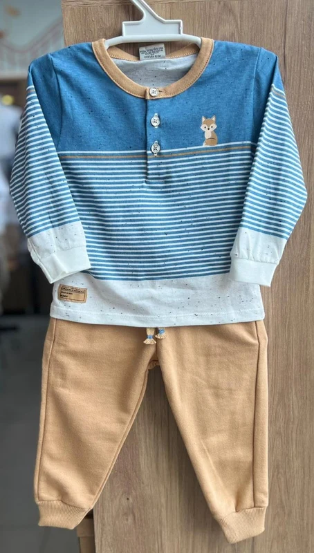 CONJUNTO CAMISETA MANGA LONGA RAPOSA MINIMALISTA LISTRAS E CALÇA MENINO MILON AZUL/BEGE / 3