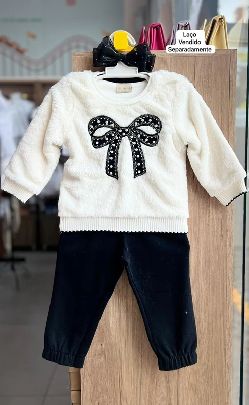 CONJUNTO BLUSÃO MANGA LONGA PELINHOS LAÇO PÉROLAS E CALÇA MENINA MILON OFF/PRETO / 4