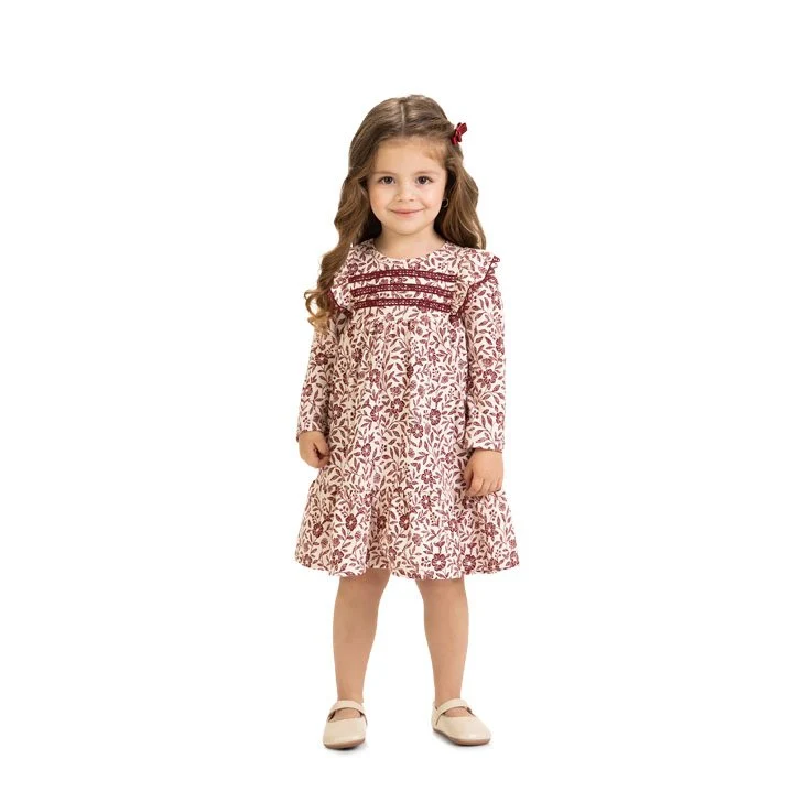 VESTIDO MANGA LONGA BABADO RENDA FLORES MENINA MILON BEGE/VINHO / 2