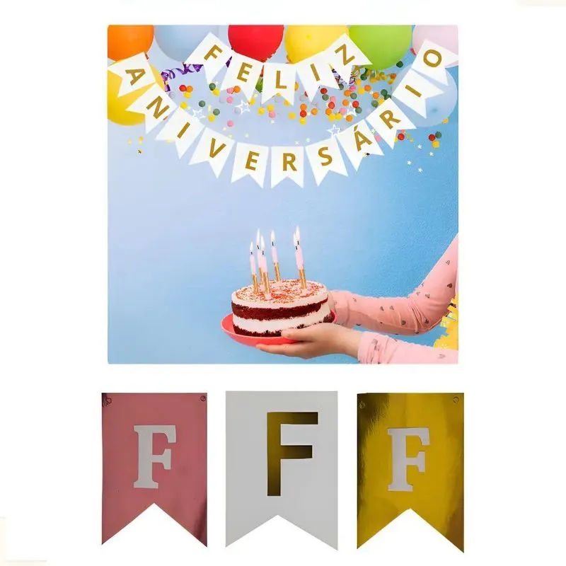 10x Bandeira, Faixa De Feliz Aniversário, Papel, Letras Dou