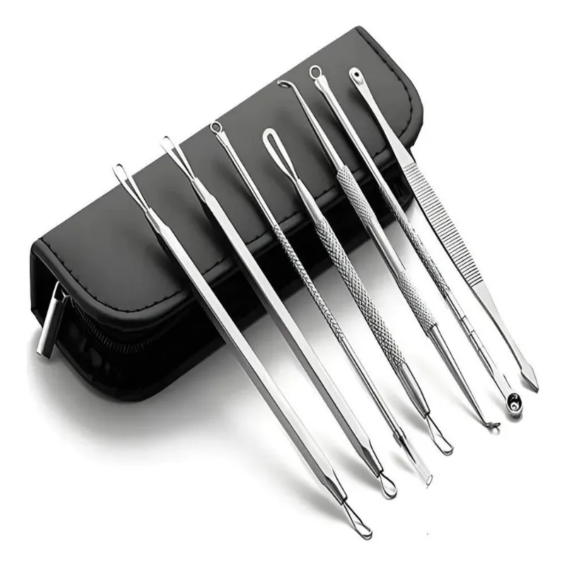 2x Kit 7 Curetas Extrator Cravos Limpeza Pele Inox Com Estoj