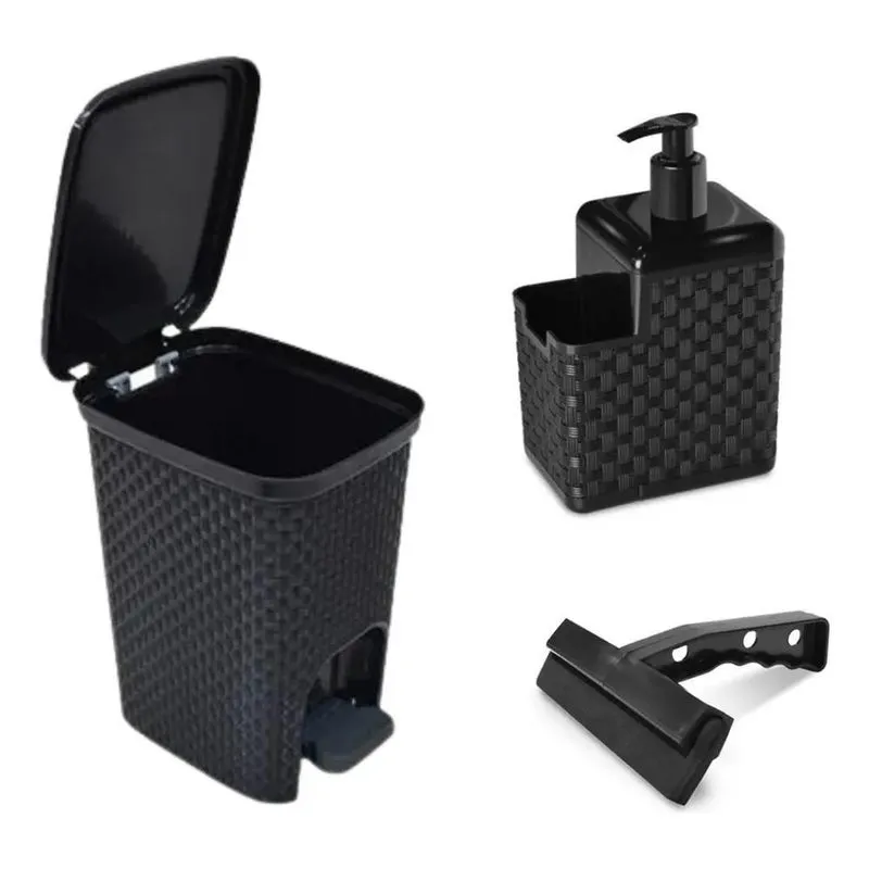 5x Kit Pia Lixeira Rattan Porta Detergente Esponja Rodo Pia