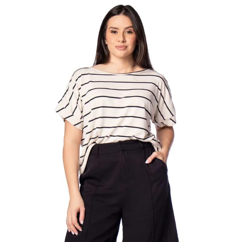 Blusa Feminina Biamar Ampla Listras Bege Claro/Preto - U