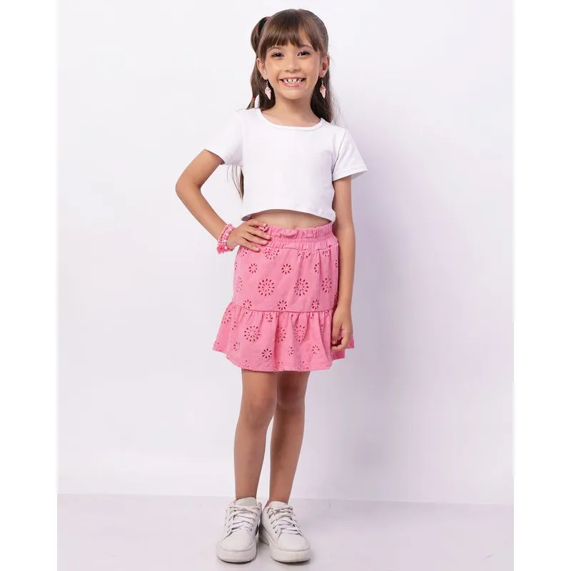 Short Saia Infantil Curto Bordado Laise Rosa 4