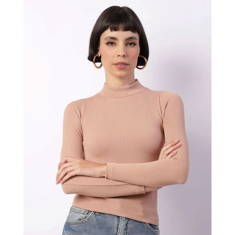 Blusa Feminina Manga Longa Sem Costura Gola Alta Bege G