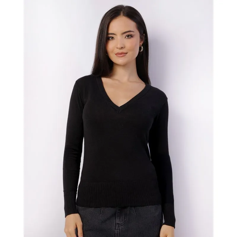 Blusa Feminina Tricô Decote V Preta G
