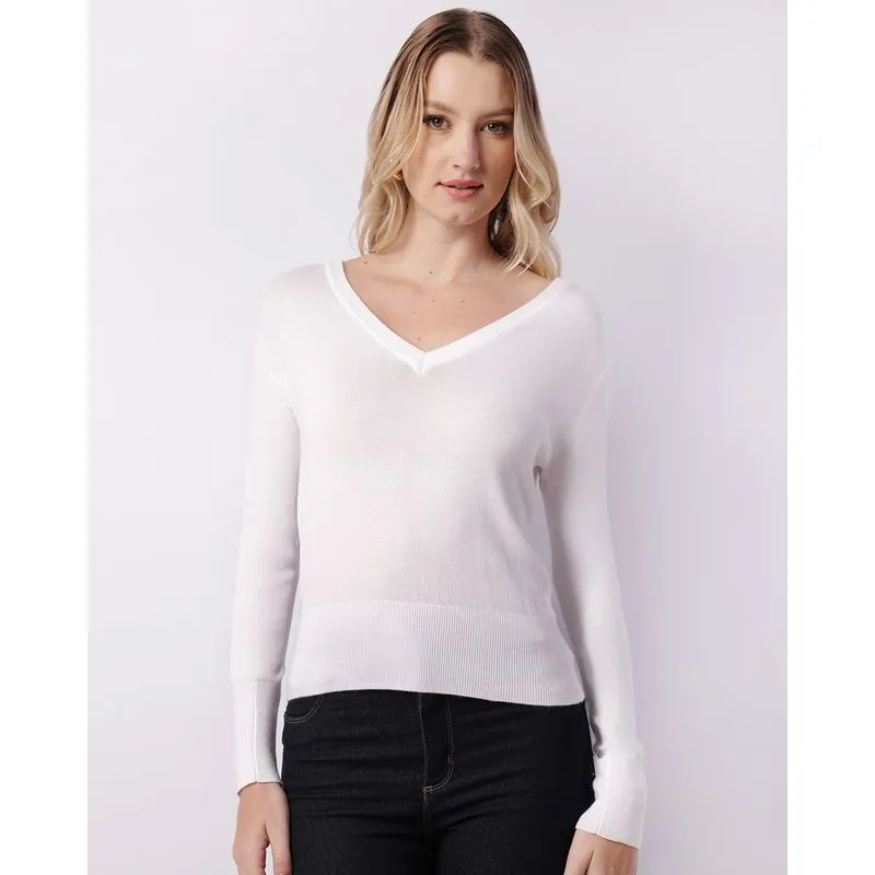 Blusa Feminina Tricô Decote V Branca P