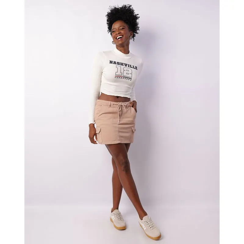 Saia Jeans Feminina Curta Cargo Com Cordão Bege 44
