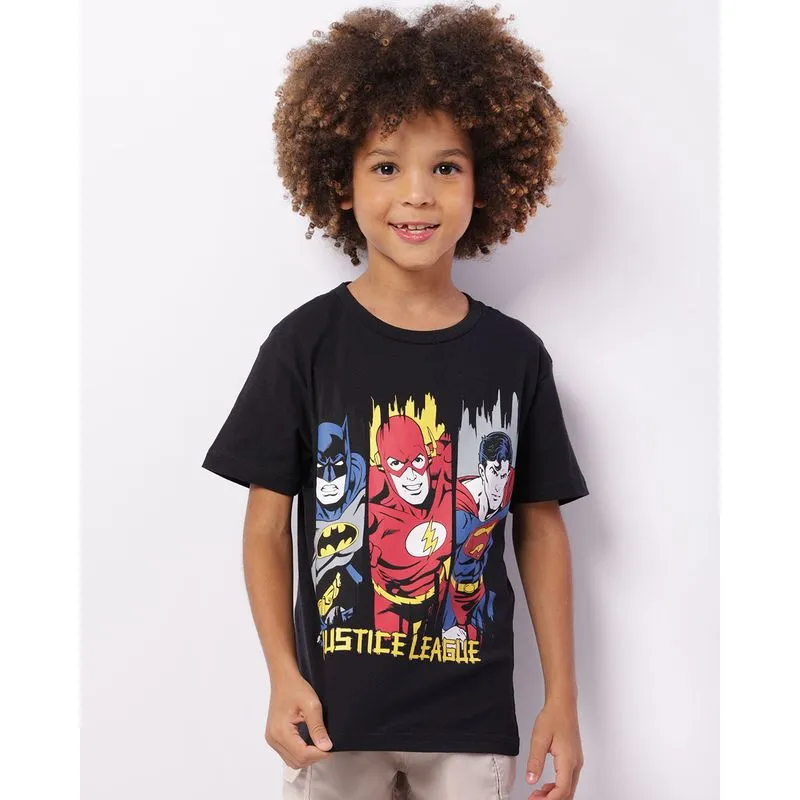 Camiseta Infantil Dc Comics Liga Da Justiça Manga Curta Preta 10