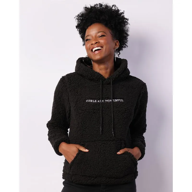 Blusão Feminino Peluciado Com Bordado Bolso Capuz Preto M