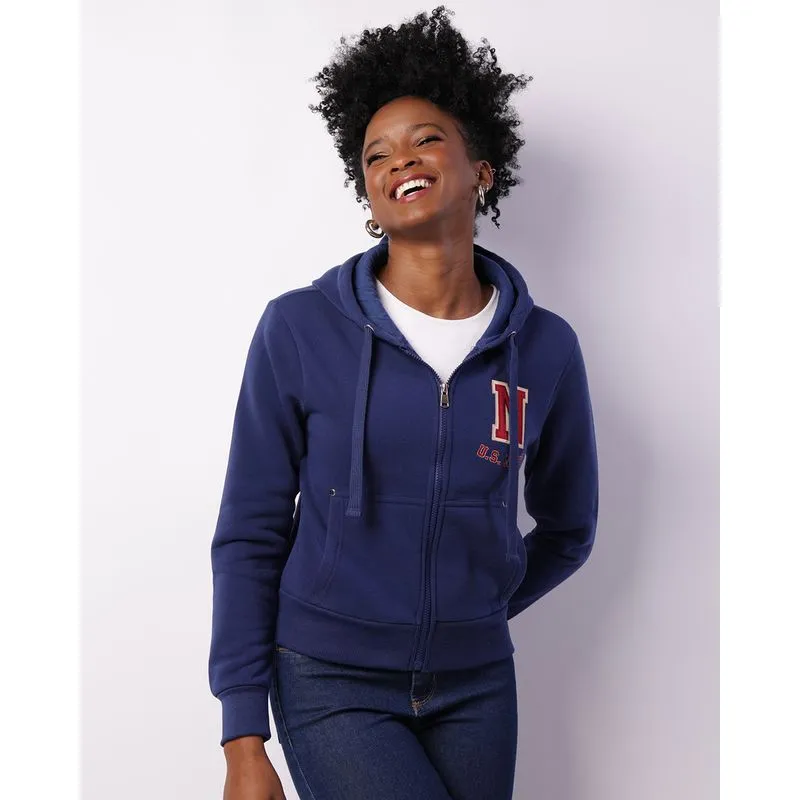 Jaqueta Moletom Feminina Com Capuz Bolsos Bordado Azul P