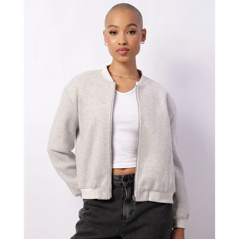 Jaqueta Feminina Bomber Com Bolsos Zíper Cinza P