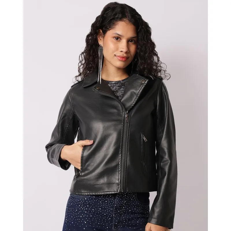 Jaqueta Feminina Biker Manga Longa PU Com Bolsos Preta G