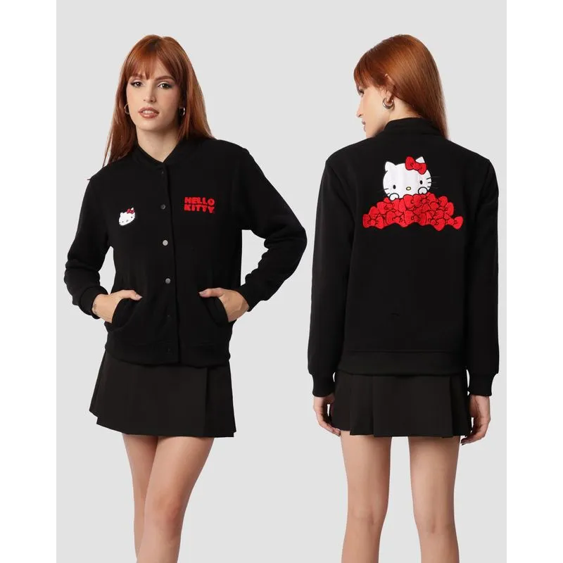 Casaco Moletom Feminina Hello Kitty College Bordado Preta GG