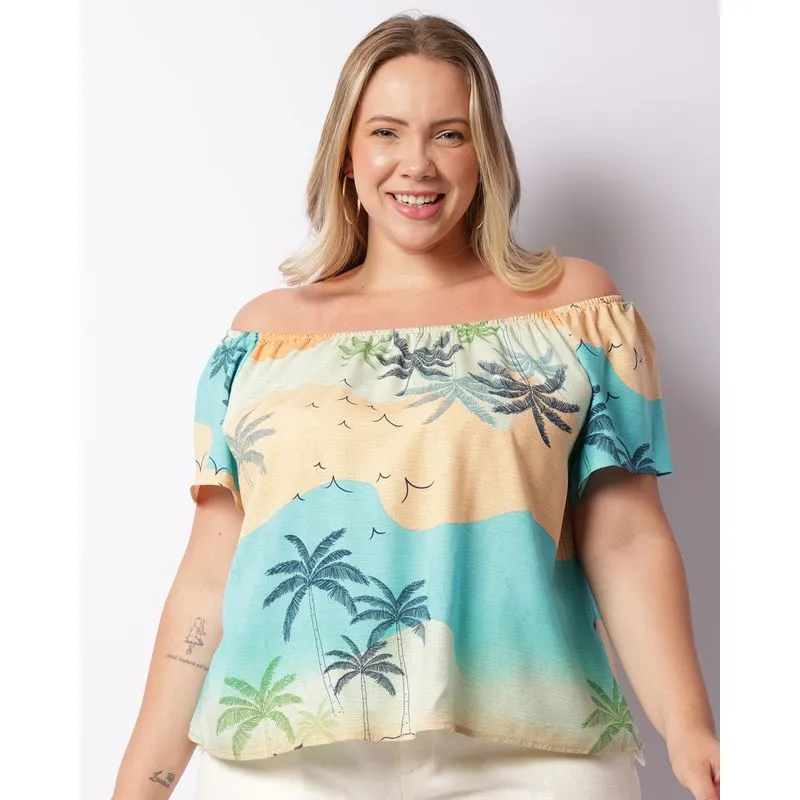 Blusa Plus Size Feminina Ciganinha Berry & Co. Estampada Azul G2