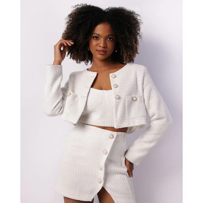 Casaco Feminino Tweed Cropped com Botões Pérola Branco GG