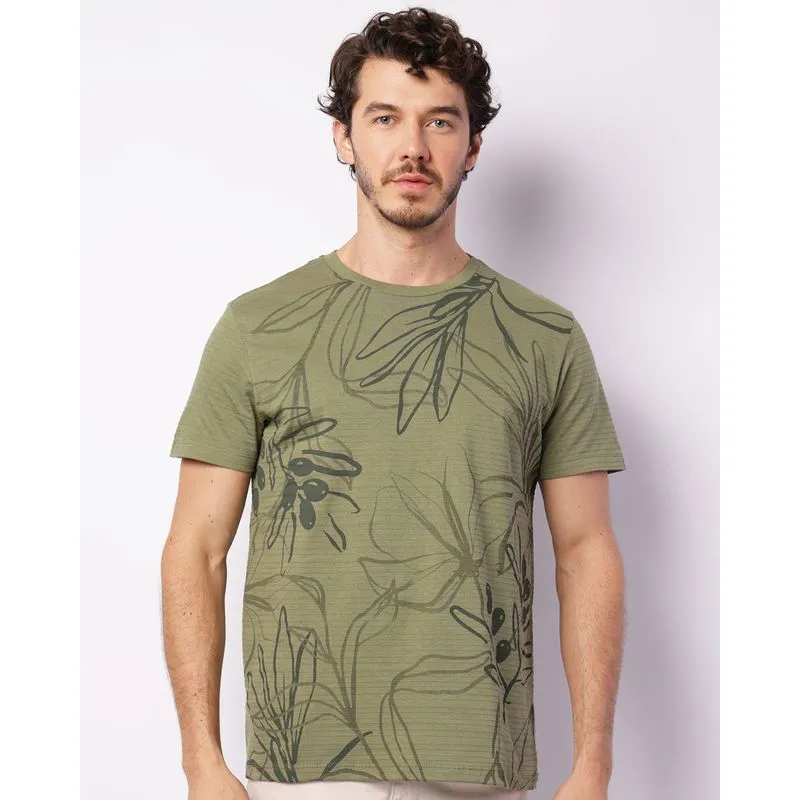 Camiseta Masculina Manga Curta Texturizada Estampa Folhagem Verde GG