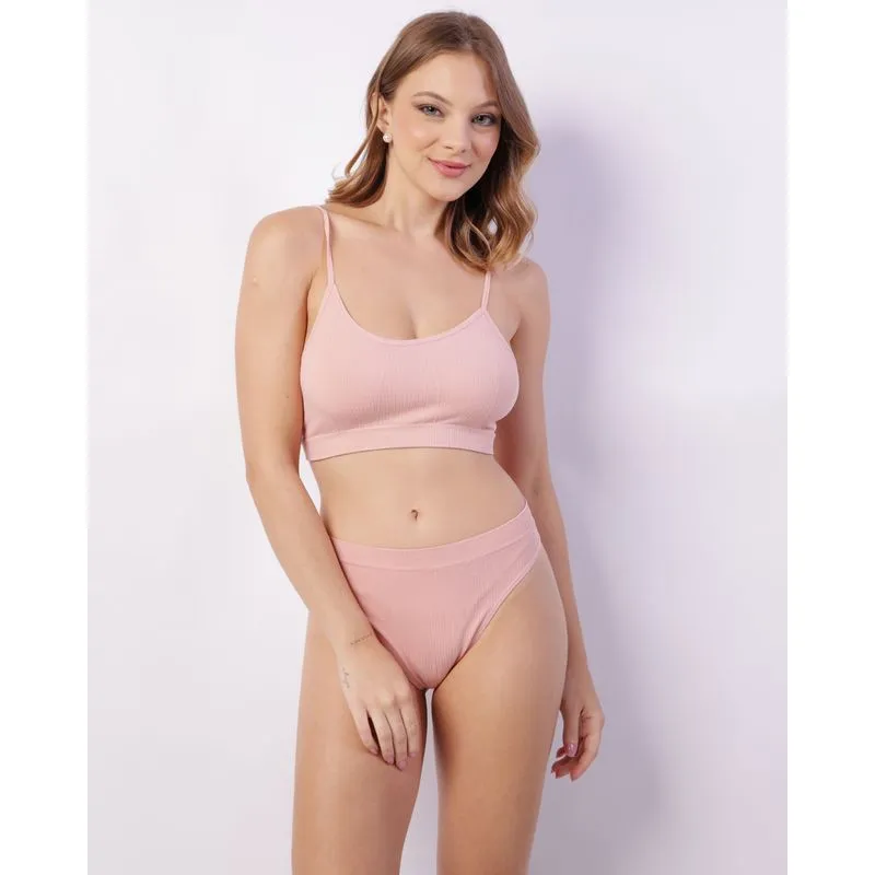 Conjunto Feminino Sutiã + Calcinha Fio Dental Texturizado Rosa G