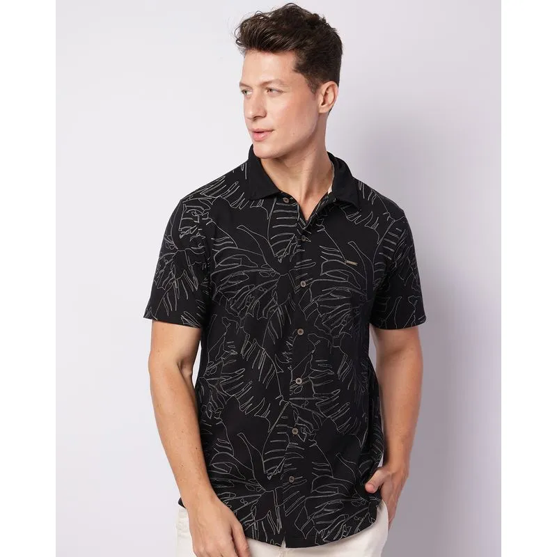 Camisa Masculina Estampada Folhagem Manga Curta Preta G