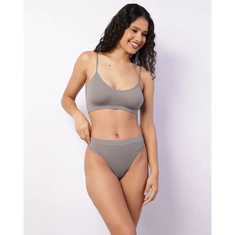 Conjunto Feminino Sutiã + Calcinha Fio Dental Canelado Cinza G