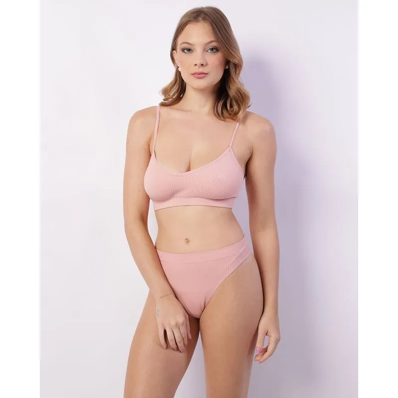 Conjunto Feminino Sutiã + Calcinha Fio Dental Canelado Rosa GG
