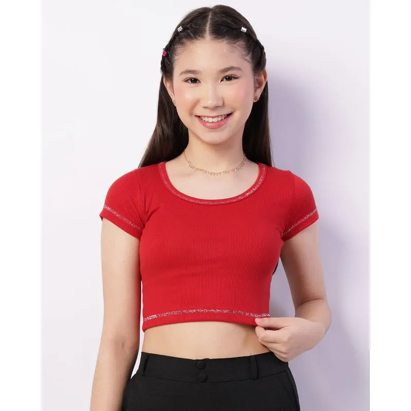 Blusa Juvenil Cropped Canelada Detalhe Lurex Vermelha 16