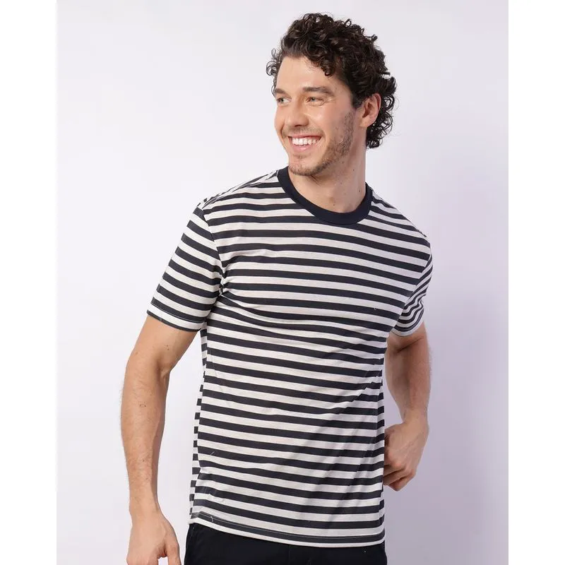 Camiseta Masculina Estampa Listrada Maga Curta Marinho M