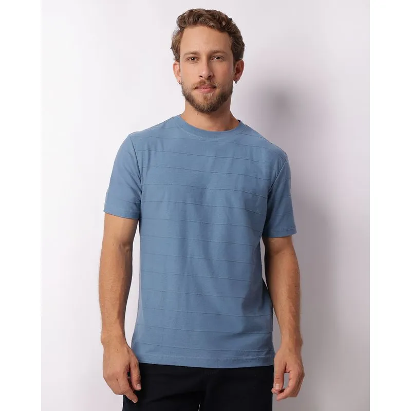 Camiseta Masculina Básica Listras Texturizada Azul GG