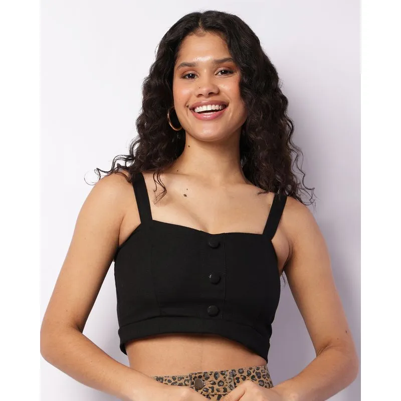 Blusa Feminina Cropped Alcinha Botões Recortes Preta GG
