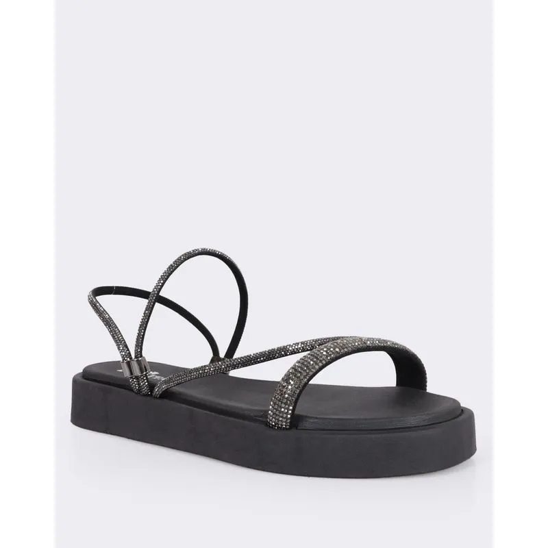 Sandália Rasteira Feminina Donatta Flatform Tiras com Strass Preta 36