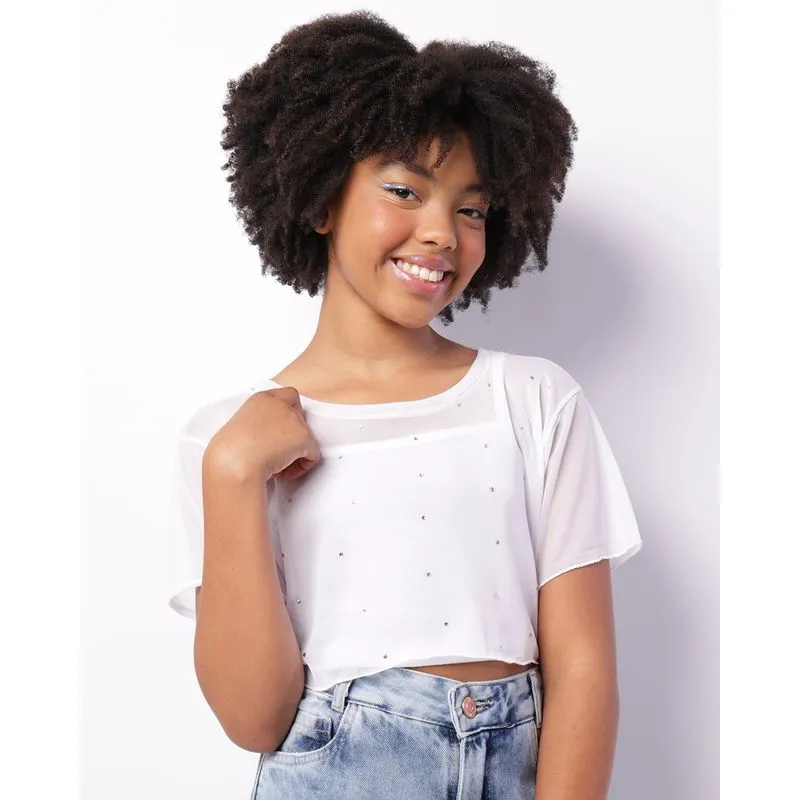Blusa Juvenil Cropped Sobreposição Tule Aplicação Strass Branca 16