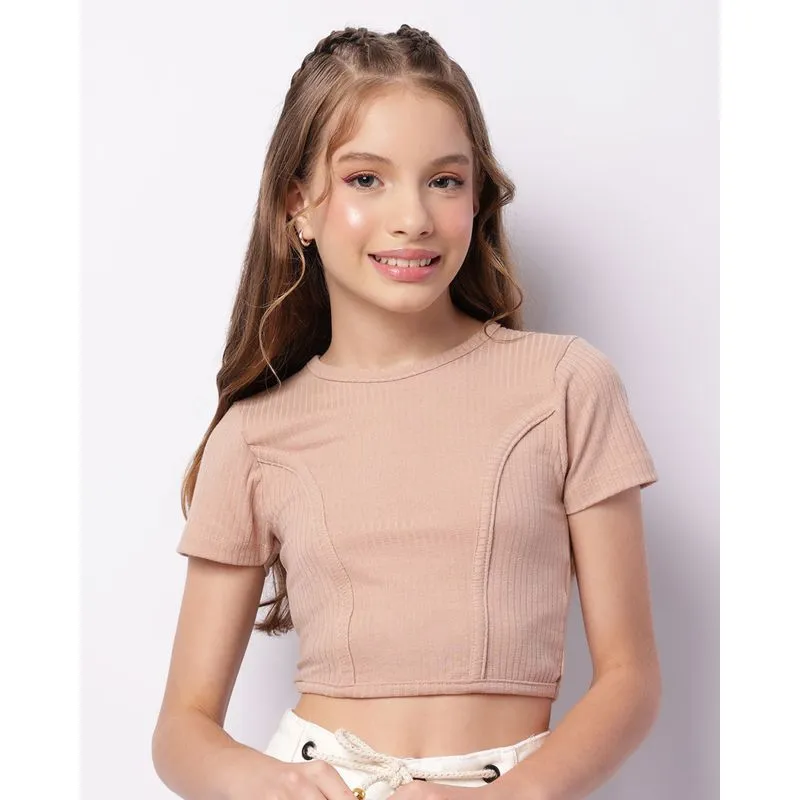 Blusa Juvenil Cropped Canelada Com Recortes Bege 12